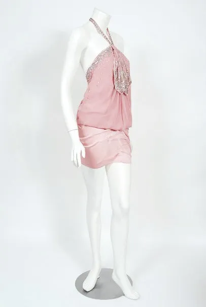 2003 Christian Dior by Galliano Beaded Pale Pink Silk Flapper Mini Dress