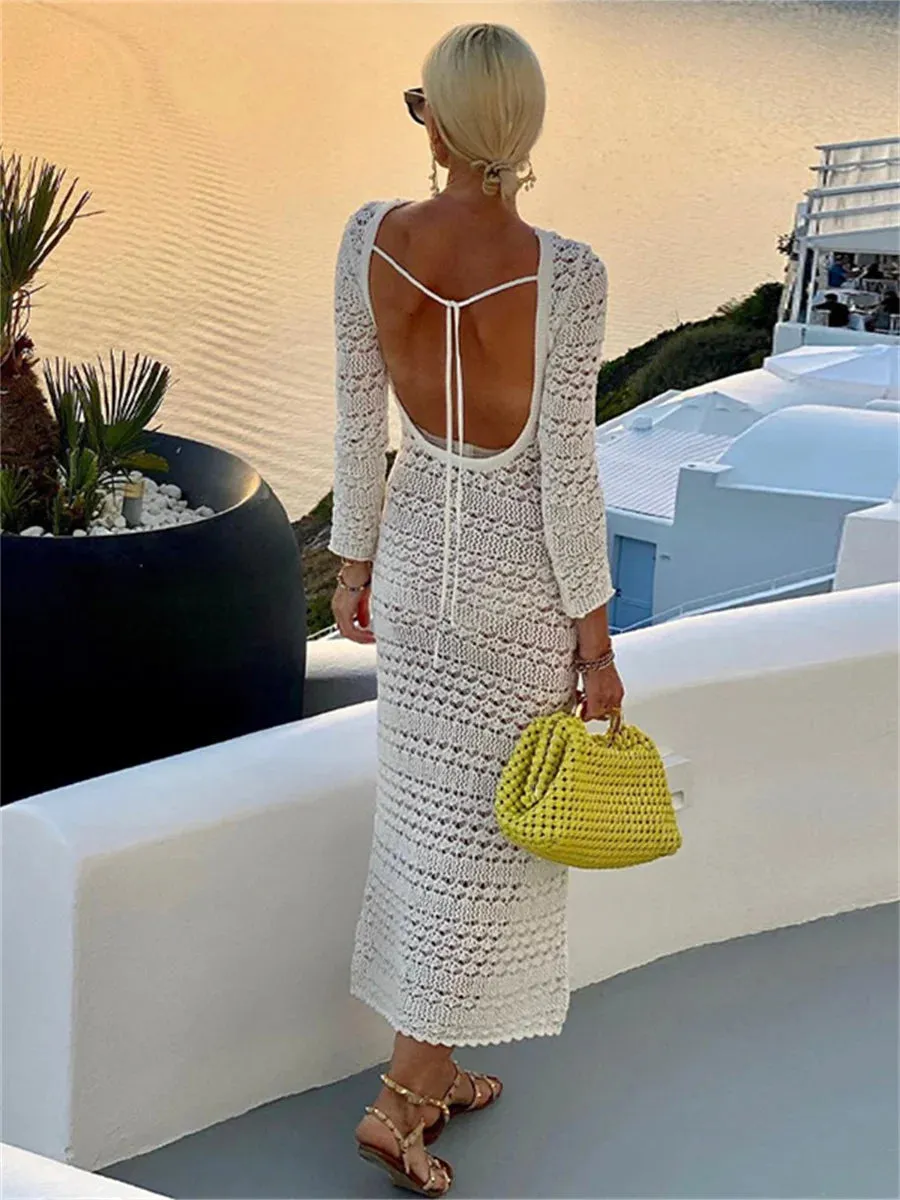 2024 Backless Tie Up Knit Crochet Hollow-Out Beach Maxi Dress