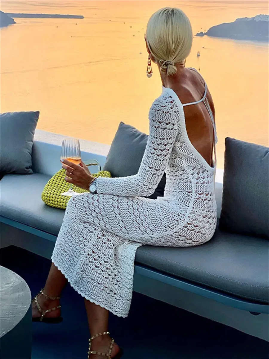 2024 Backless Tie Up Knit Crochet Hollow-Out Beach Maxi Dress