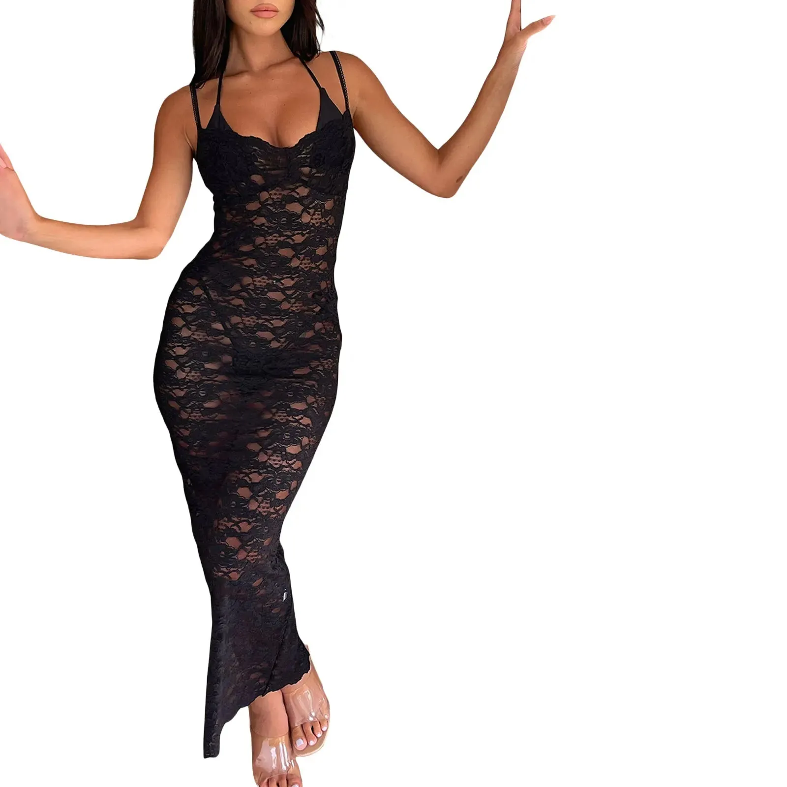 2024 Boho Full Lace High Split Spaghetti Straps Sheer Bodycon Dress