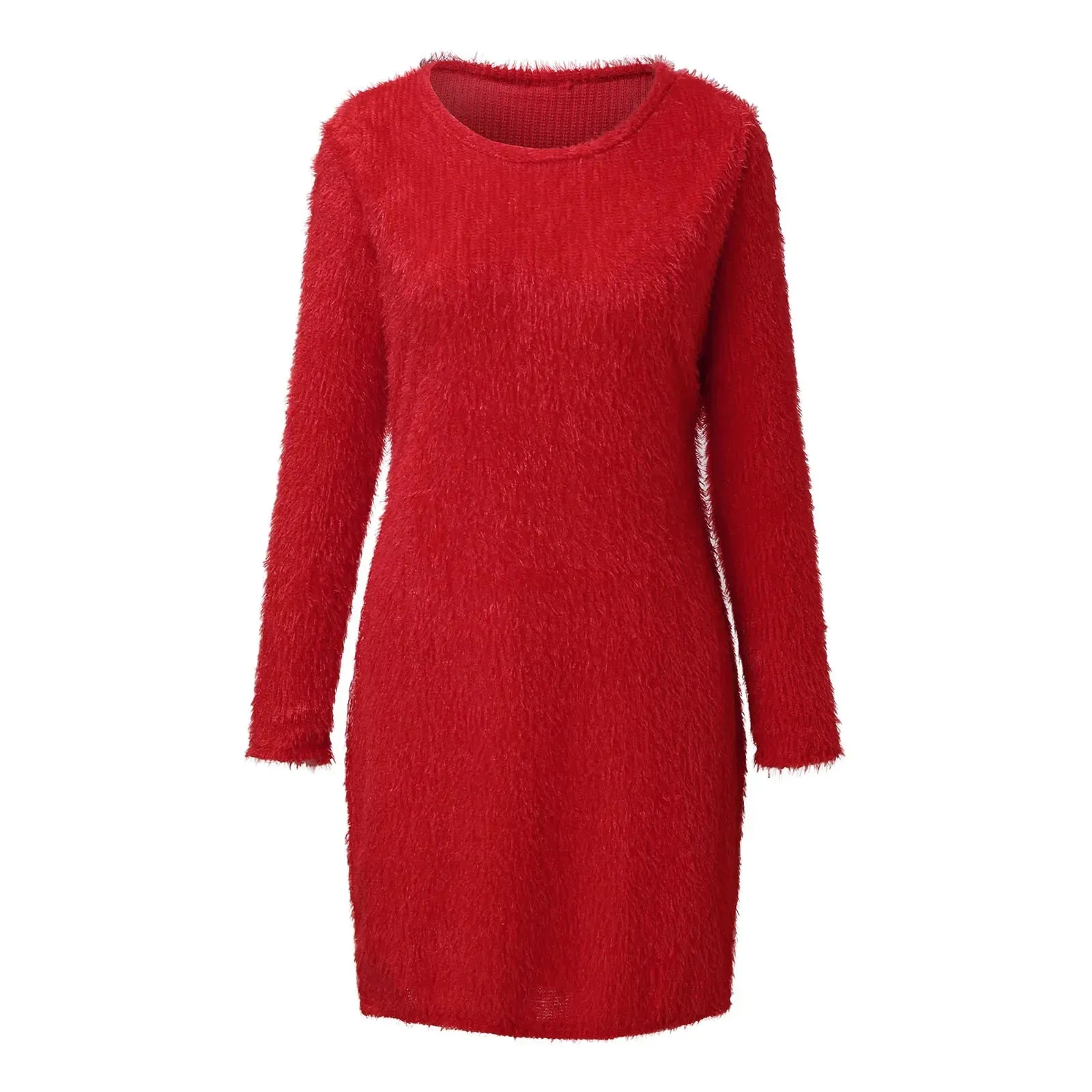 2024 Long Sleeves O-Neck Mini Chic Slim Plush Knit Bodycon Dress