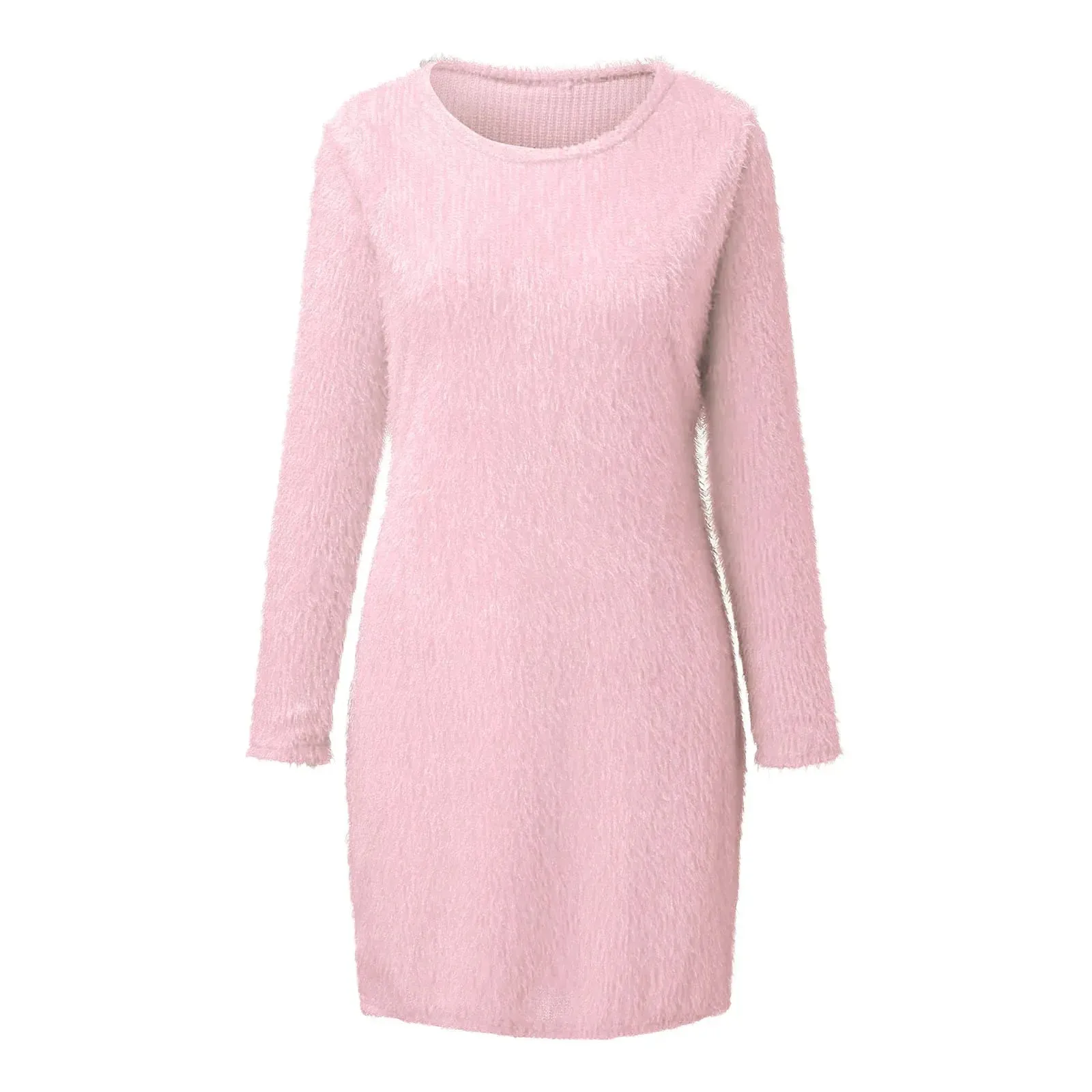 2024 Long Sleeves O-Neck Mini Chic Slim Plush Knit Bodycon Dress