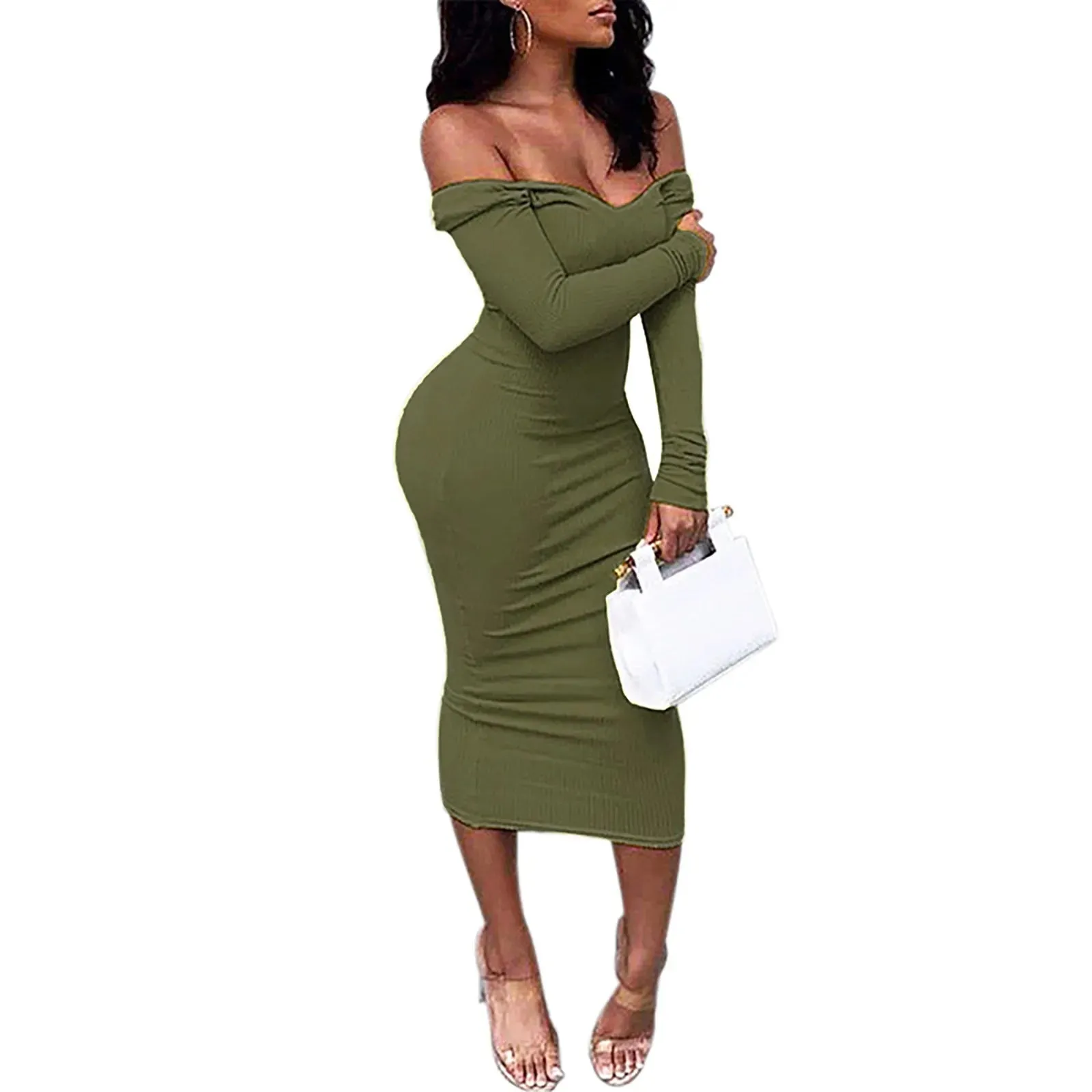 2024 Sexy Deep V Neck Off Shoulder Rib Knit Midi Dress