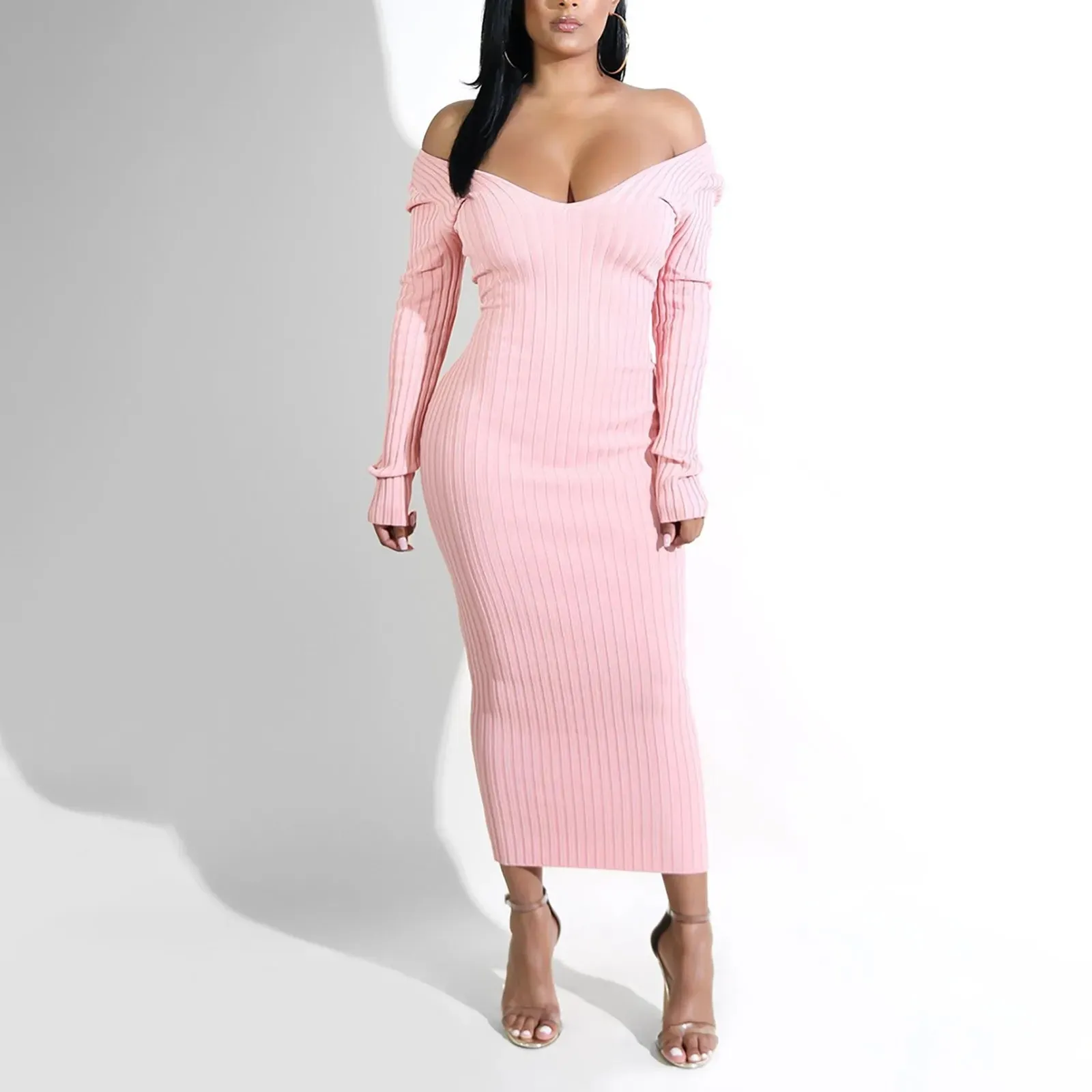 2024 Sexy Deep V Neck Off Shoulder Rib Knit Midi Dress