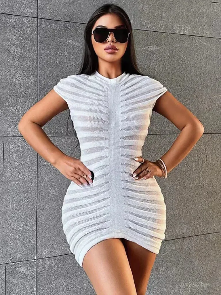 2024 Summer Knit Short Sleeve Striped O-Neck Sexy Stretch Skinny Solid Dress