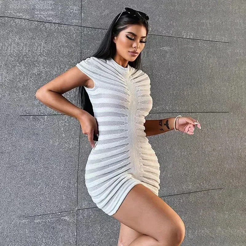 2024 Summer Knit Short Sleeve Striped O-Neck Sexy Stretch Skinny Solid Dress