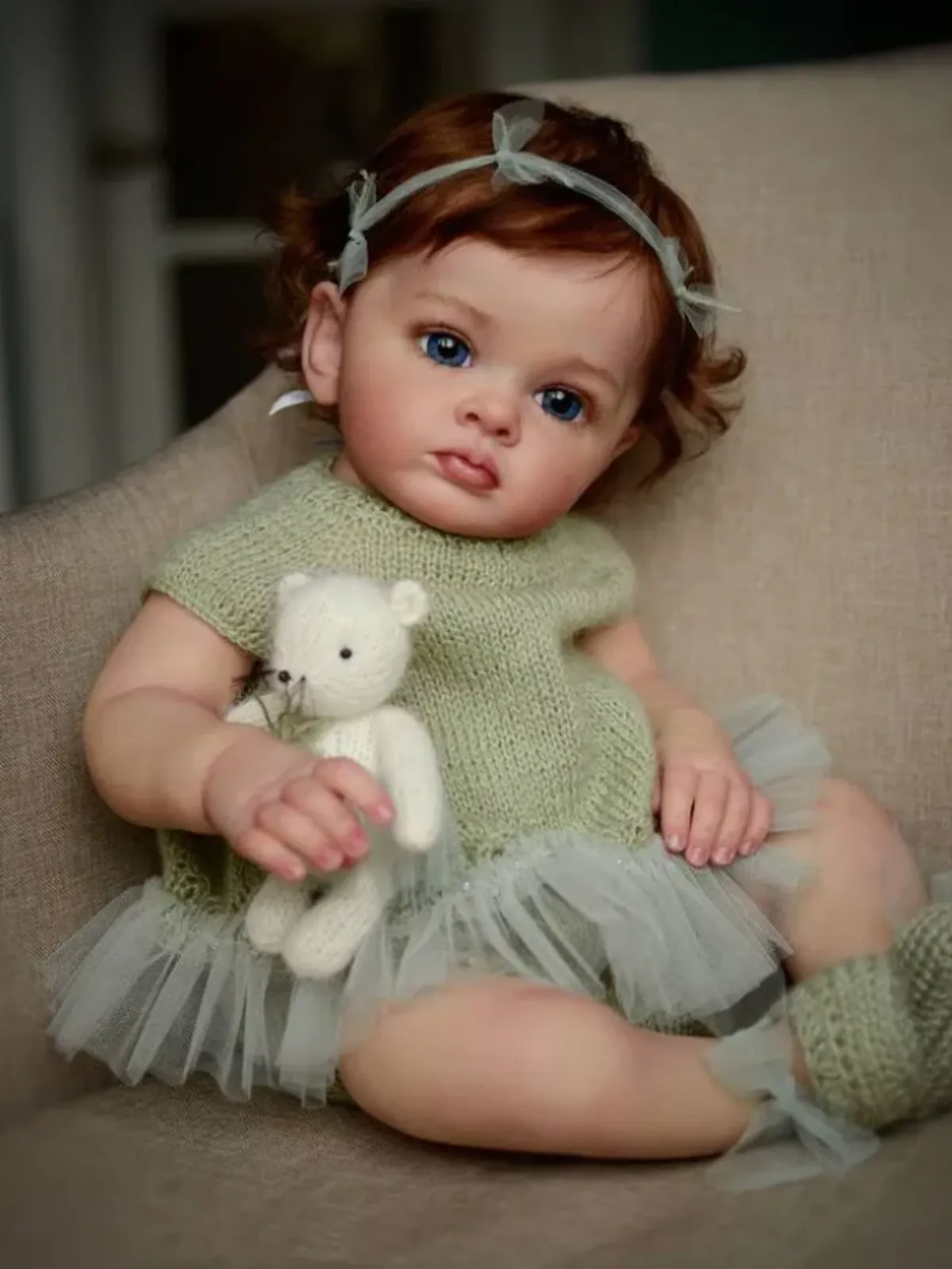 24" Reborn Realistic Cute  Baby Doll in Green Knit Dress