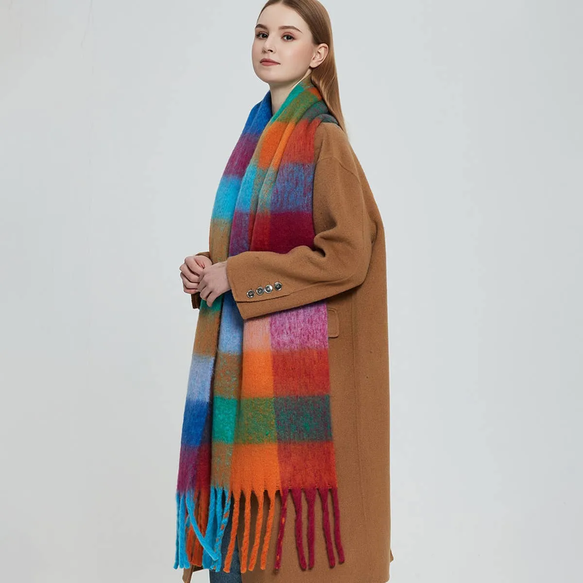 Accity | PLAID PATTERN FRINGE TRIM WINTER SCARF: GREEN