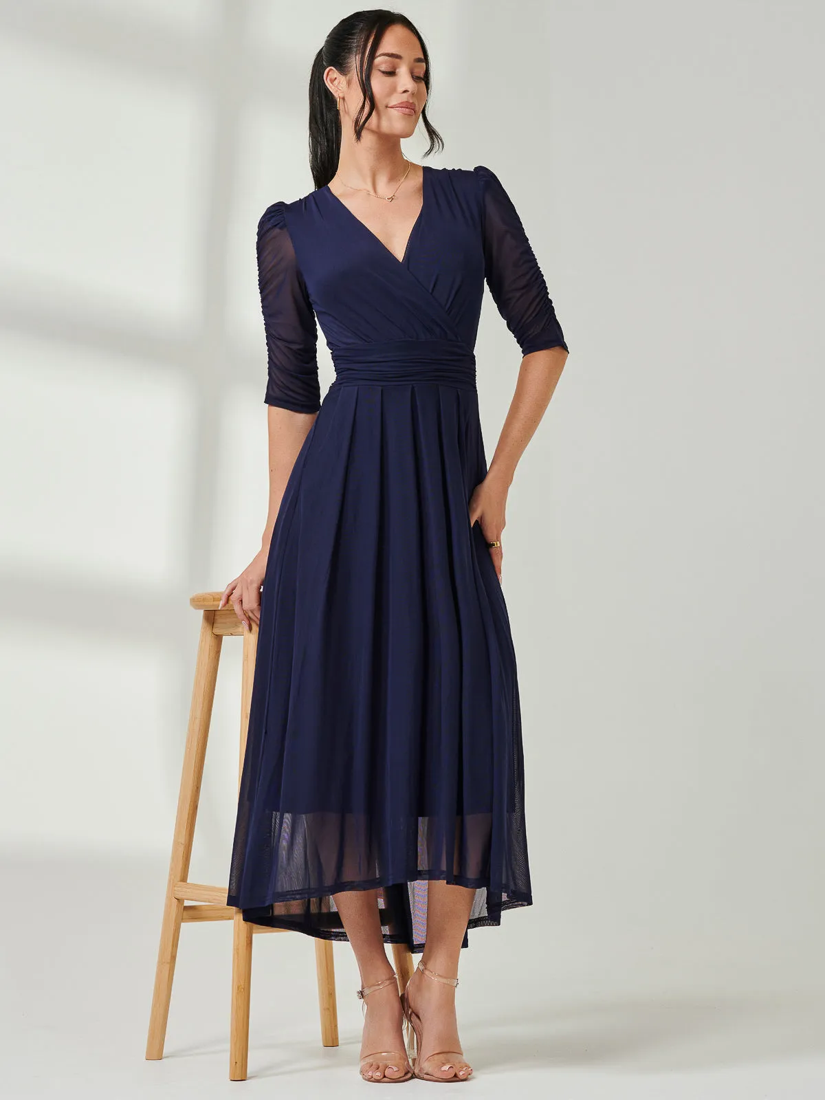 Aneissa Ruched Sleeve Mesh Maxi Dress, Navy