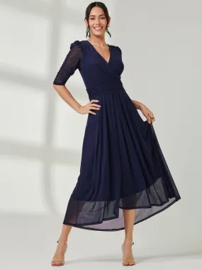 Aneissa Ruched Sleeve Mesh Maxi Dress, Navy