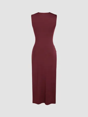 Asymmetrical neck solid ruched maxi dress in red