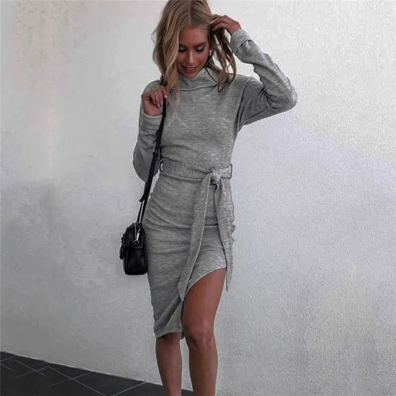 Autumn and winter high neck long sleeve thread slit belt dress women's hip dress