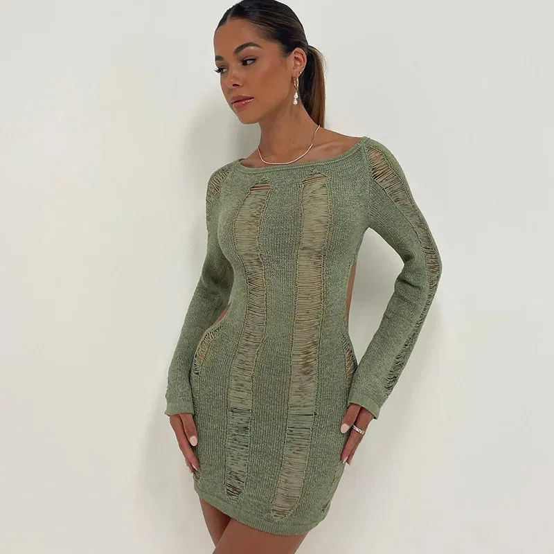 Backless Cutout Long Sleeve Round Neck Solid Color Crochet Knit See Through Mini Beach Sun Summer Sexy Dress