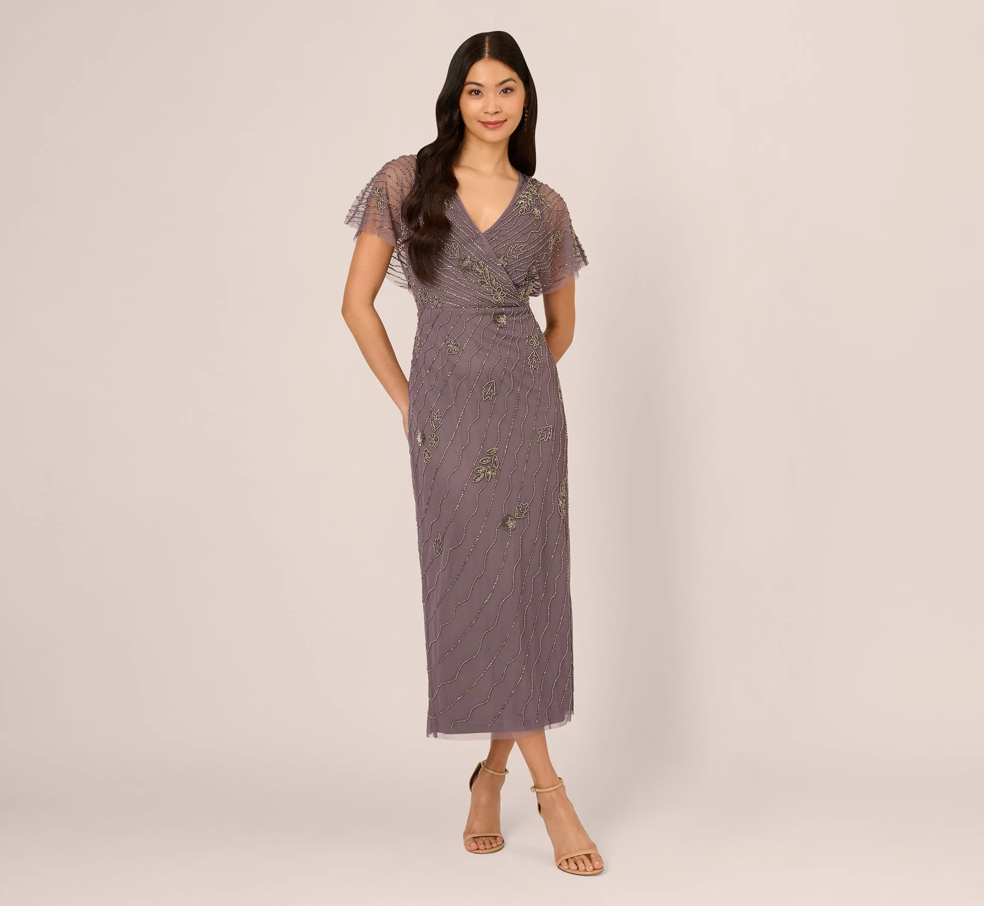 Beaded Ankle Length Dress With Sheer Flutter Sleeves In Moonscape