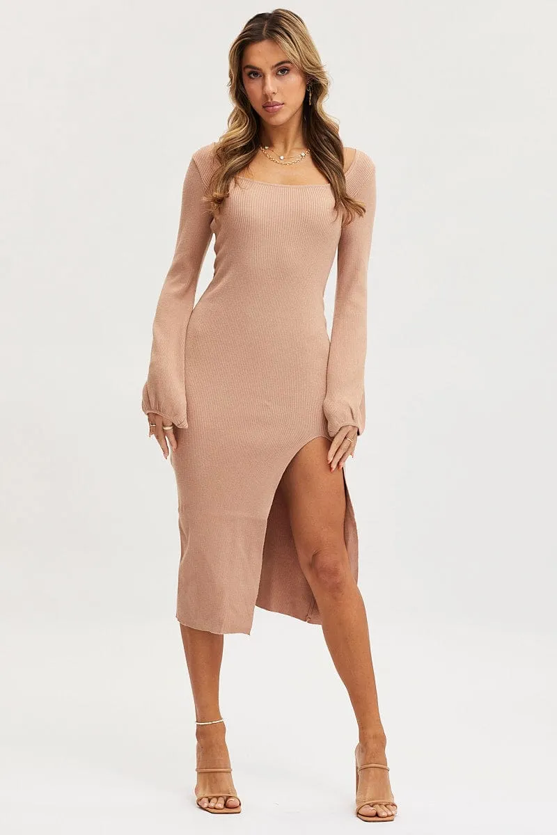 Beige Knit Dress Evening Midi