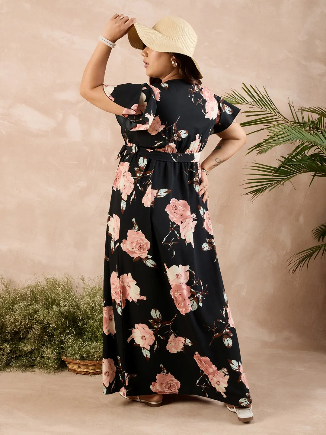 Berrylush Curve Women Black Floral Print V-Neck Belted Maxi Dress