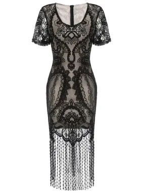 Black 1920s Fringe Lace Flapper Dress