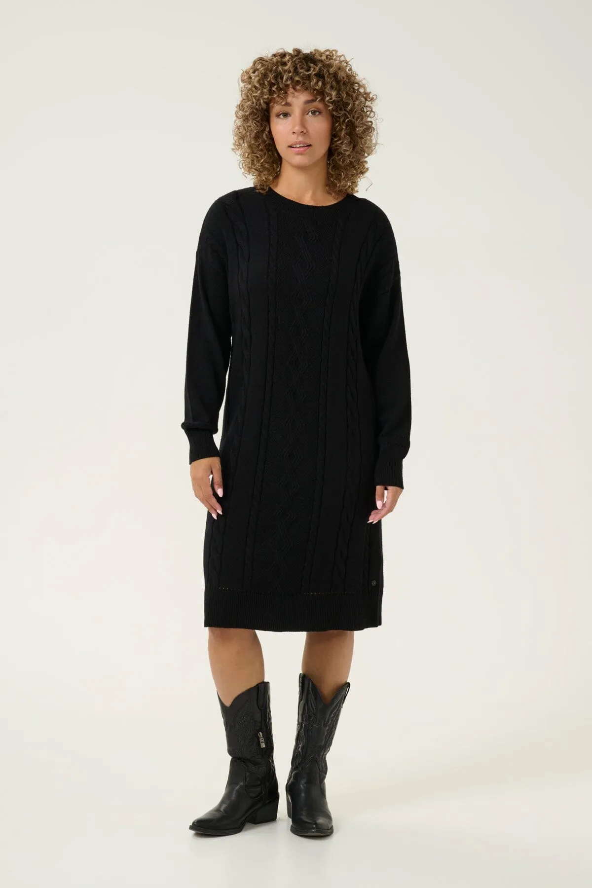 BLACK KNITTED CABLE KNIT DETAIL SWEATER DRESS