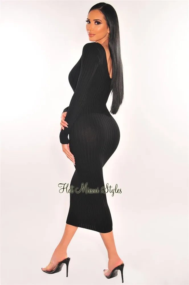 Black Ribbed Knit Plunge Neck Long Sleeve Midi Dress   Bralette