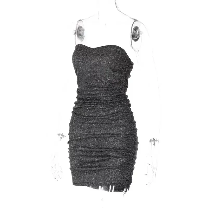 Black Ruched Strapless Bodycon Party Glitter Bright Silk Sleeveless Tight 2024 Dress