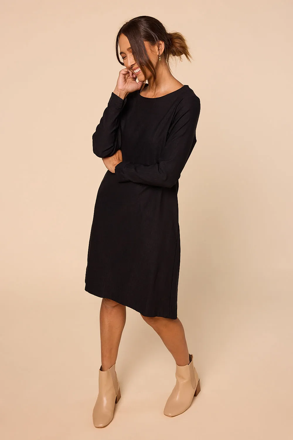 Boatneck Ponte Long Sleeve Dress in Black