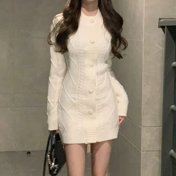 Braided Single-Breasted Crewneck Knitted Dress