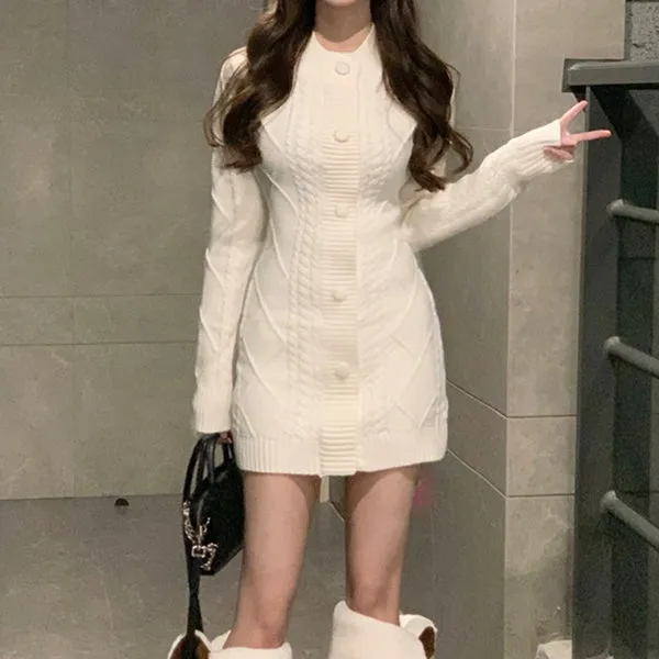 Braided Single-Breasted Crewneck Knitted Dress