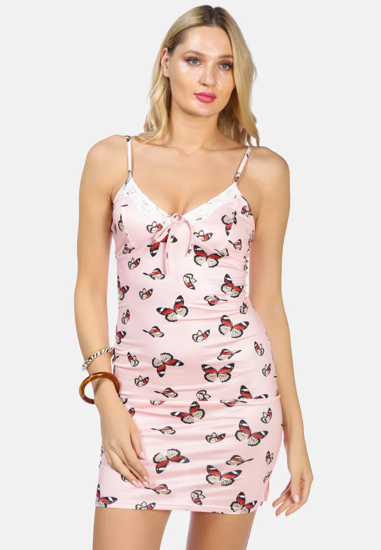 Butterfly Print Spaghetti Evening Slip Dress