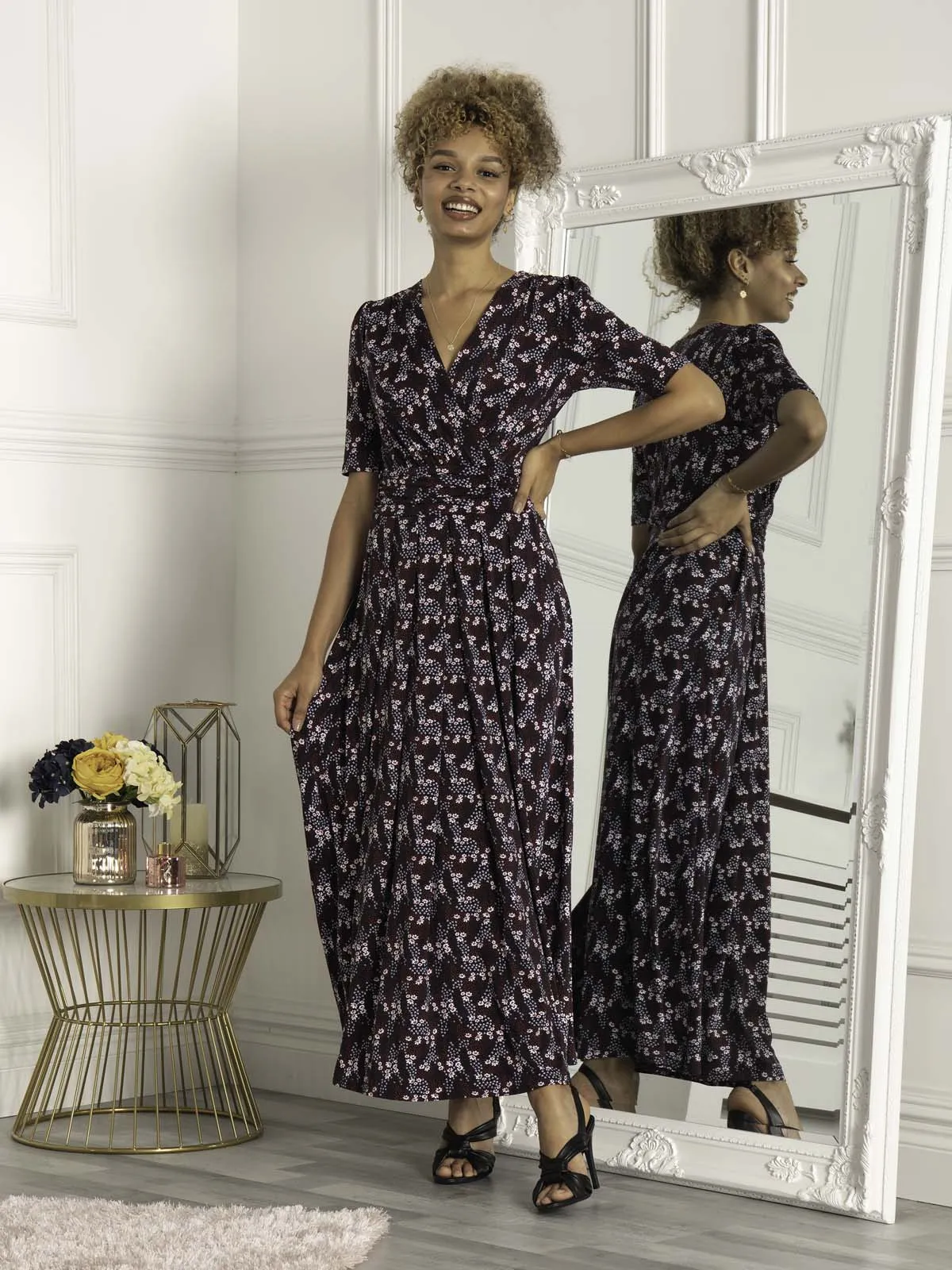 Calais Half Sleeve Maxi Dress, Navy Floral