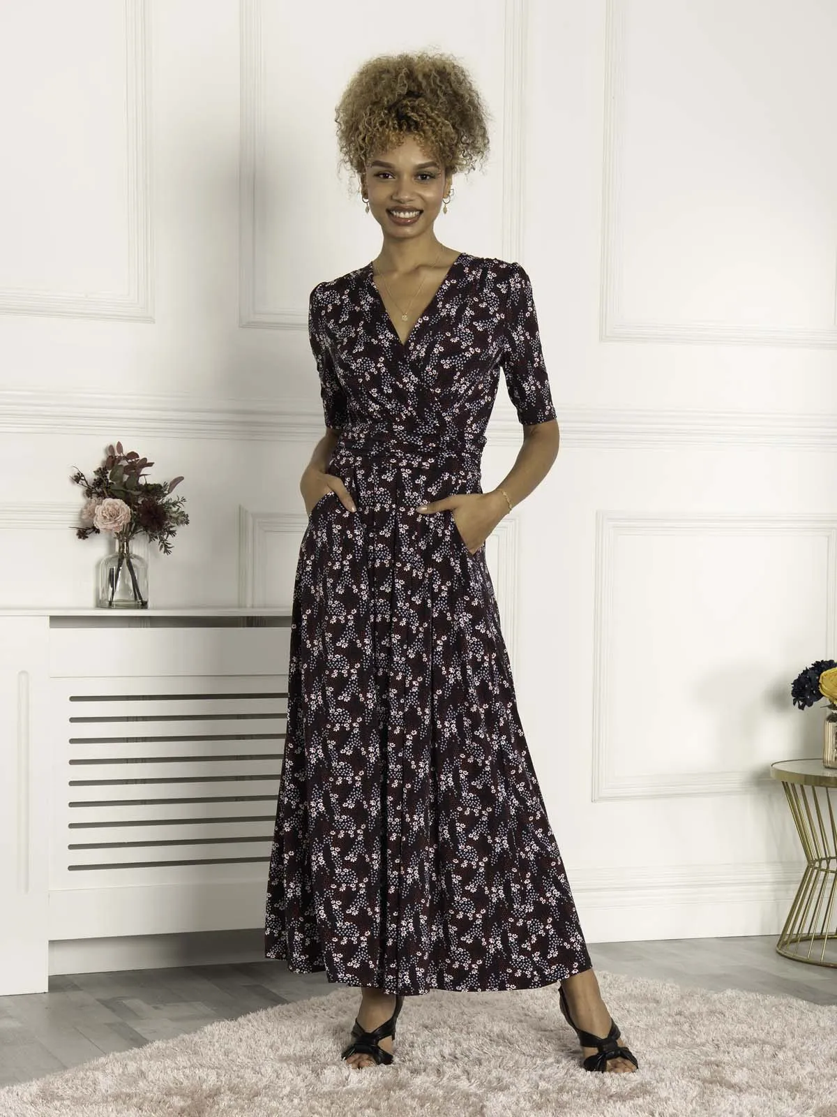 Calais Half Sleeve Maxi Dress, Navy Floral