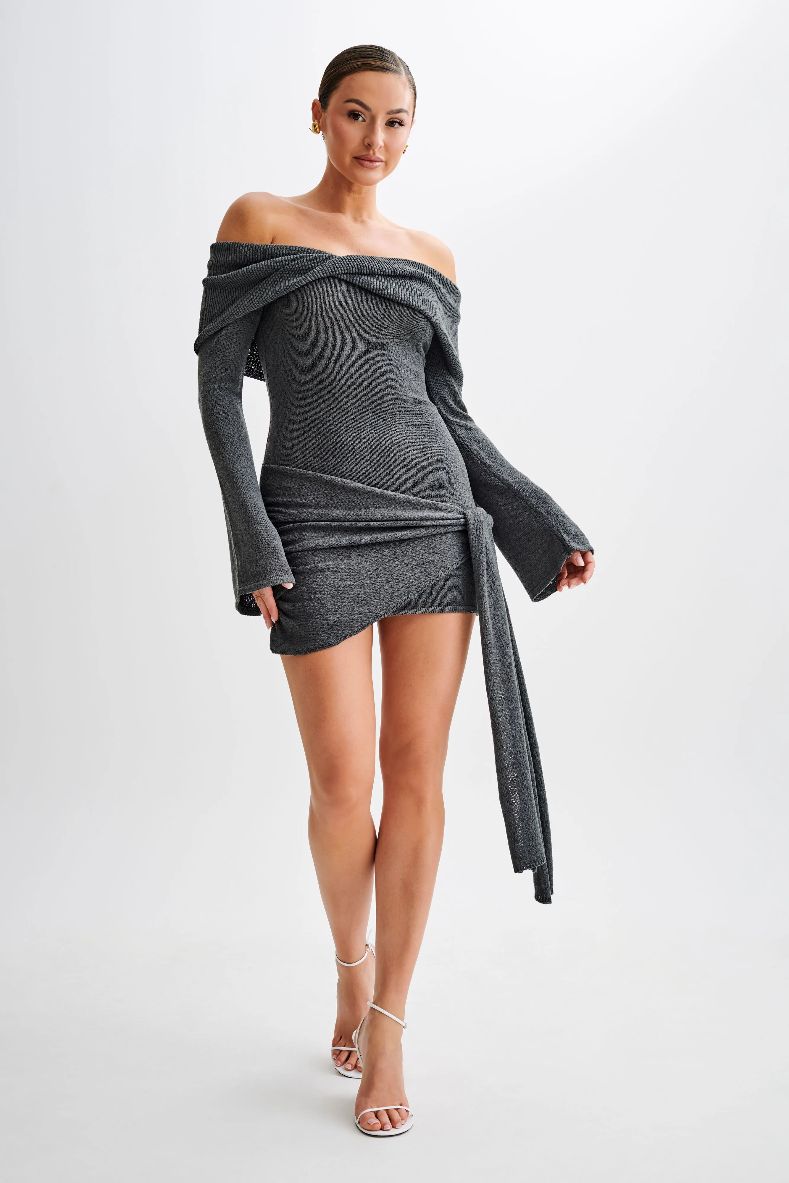 Camryn Off Shoulder Tie Knit Mini Dress - Charcoal