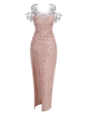 Casey Crystal Leaf Embellished Sequin Maxi Dress