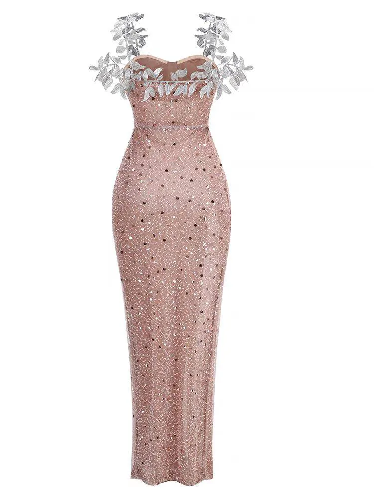 Casey Crystal Leaf Embellished Sequin Maxi Dress