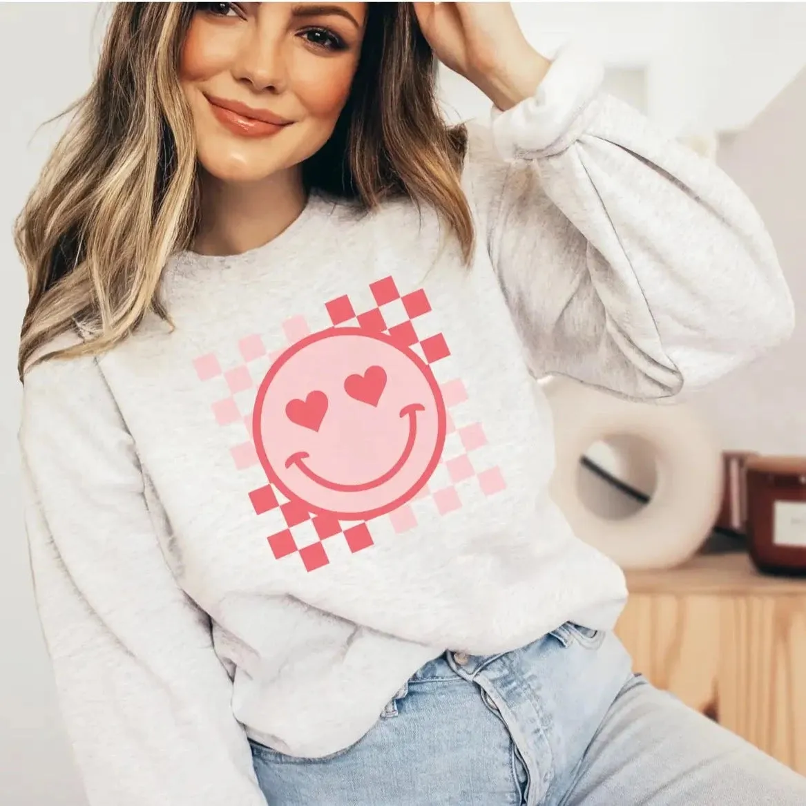 Checker Valentine Happy Face Crew Neck Sweatshirt