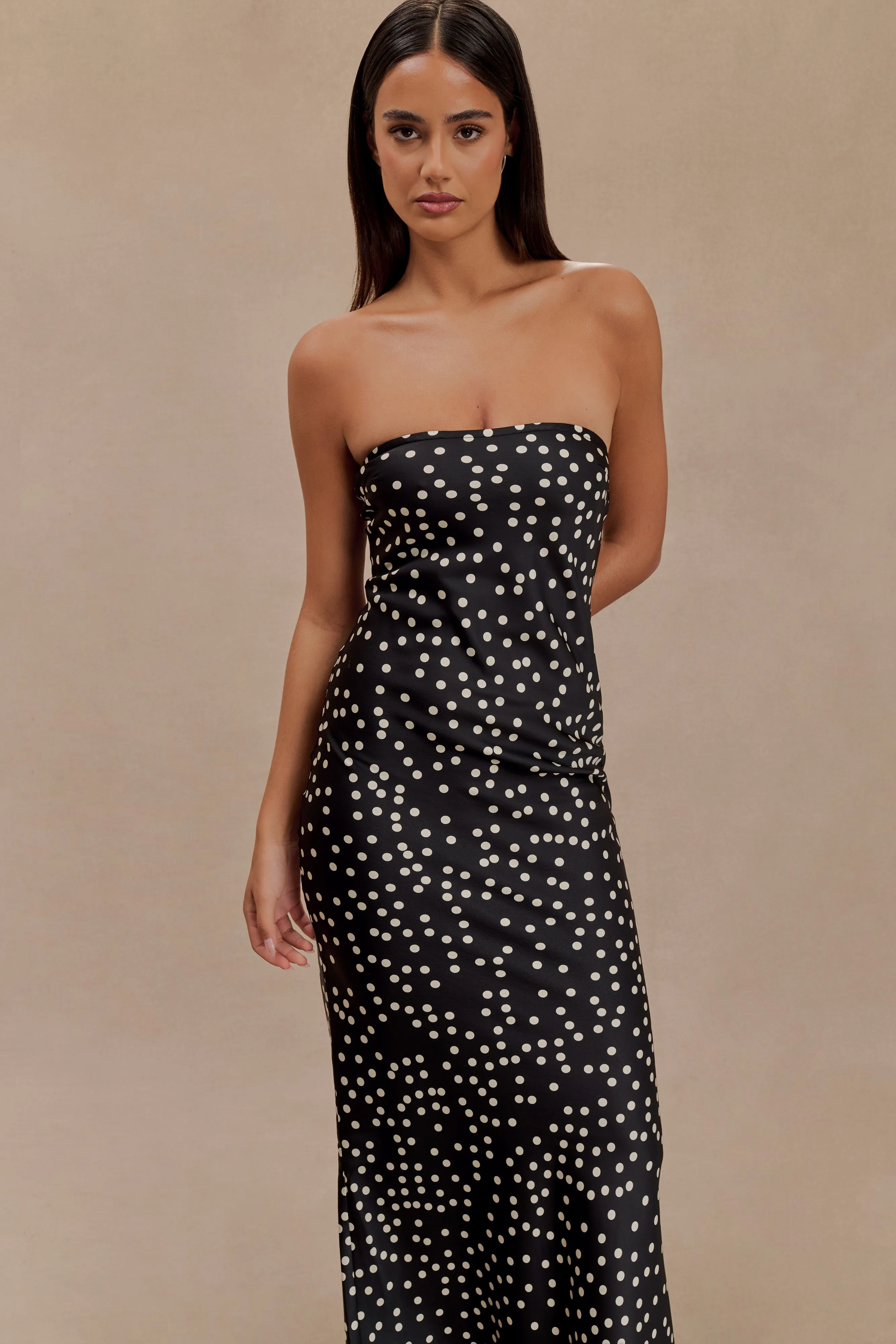 Claudette Strapless Satin Maxi Dress - Black Polka Dot Print