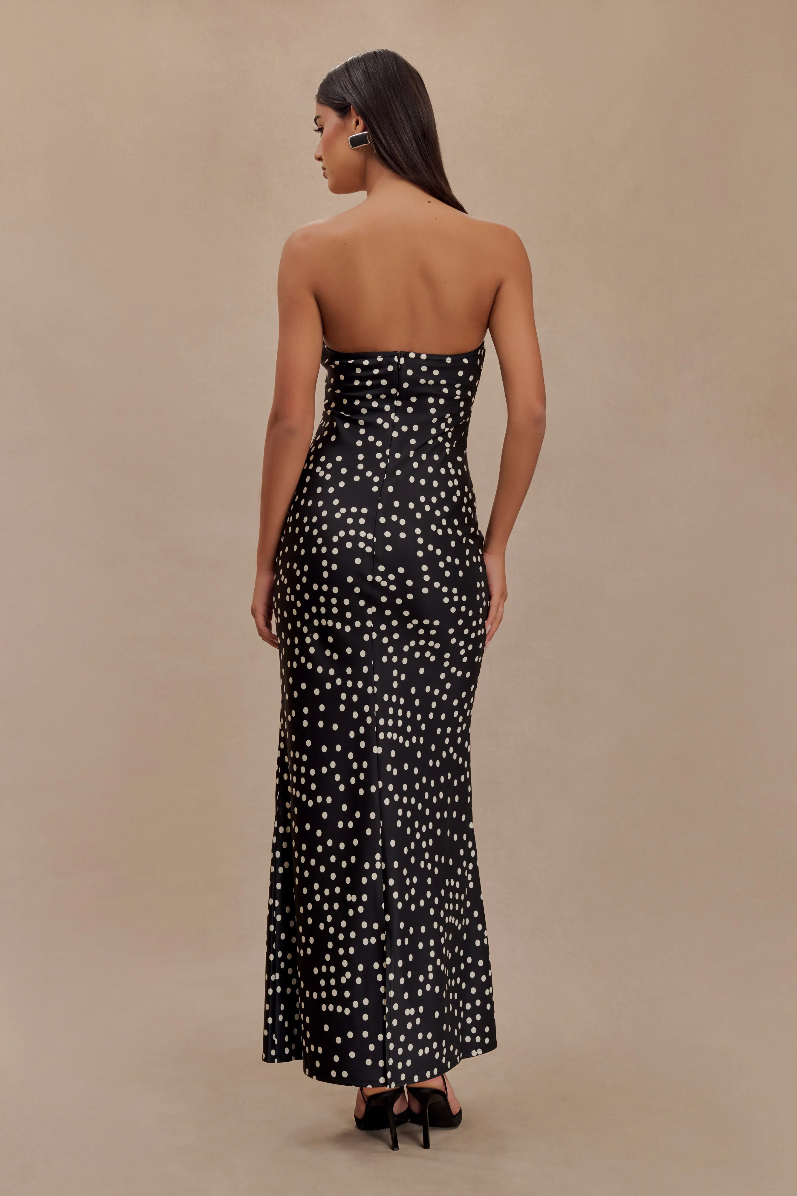 Claudette Strapless Satin Maxi Dress - Black Polka Dot Print