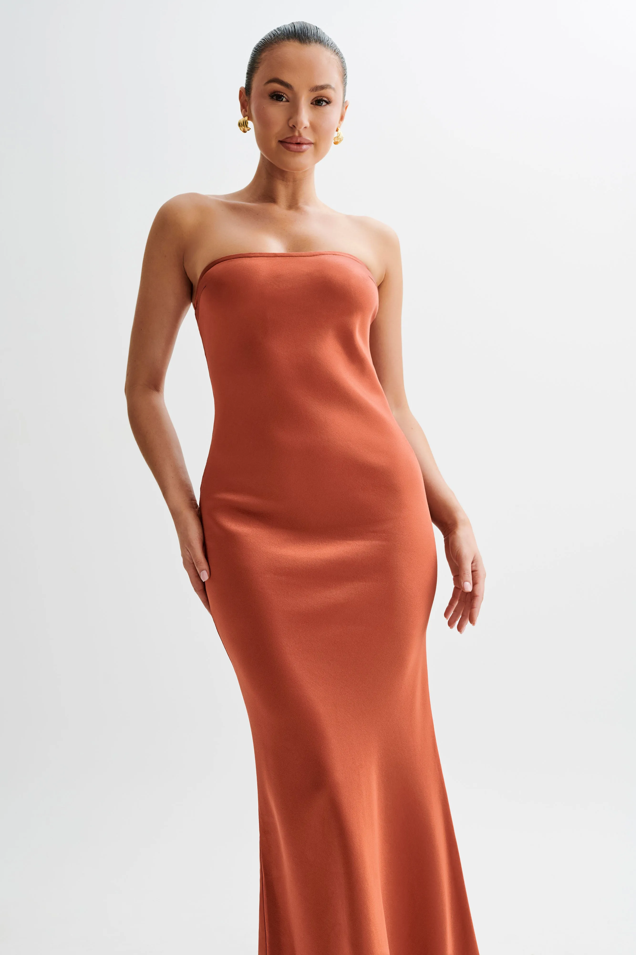 Claudette Strapless Satin Maxi Dress - Burnt Orange