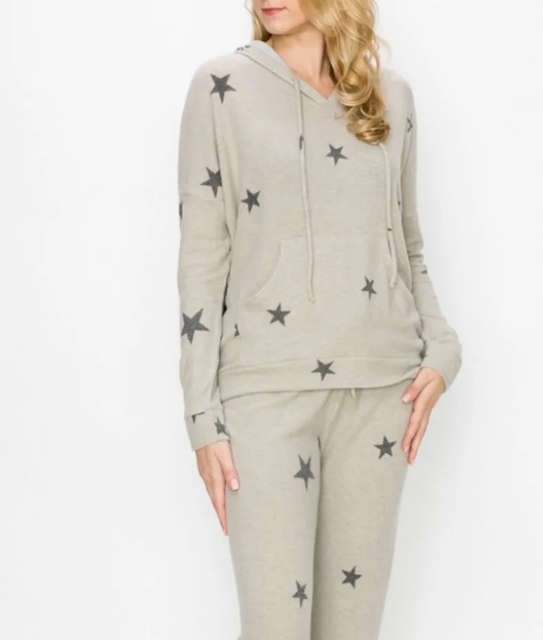 Comfy hoodie top in our grey stars print cozy brushed jersey