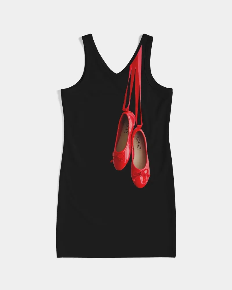 DANCE WITH DOLLY WITH RED BALLERINAS Women's Rib Knit V Neck Mini Dress