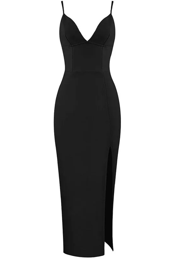 Deep V High Slit Sleeveless Bandage Cocktail Party Maxi Dress - Black