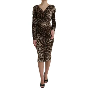 Dolce & Gabbana Brown Leopard Print Bodycon V-neck Midi Dress