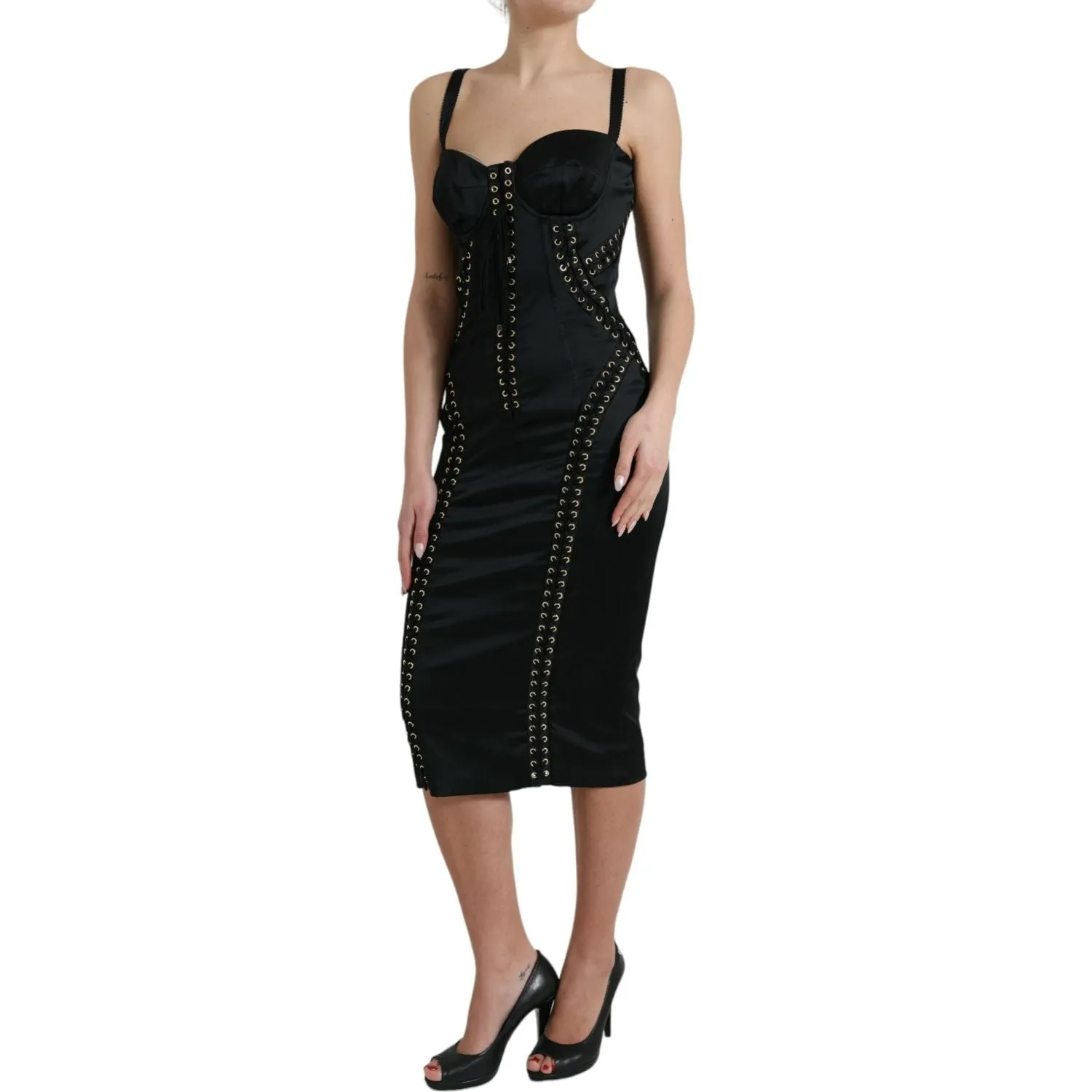 Dolce & Gabbana Elegant Black Lace-Up Midi Bodycon Dress