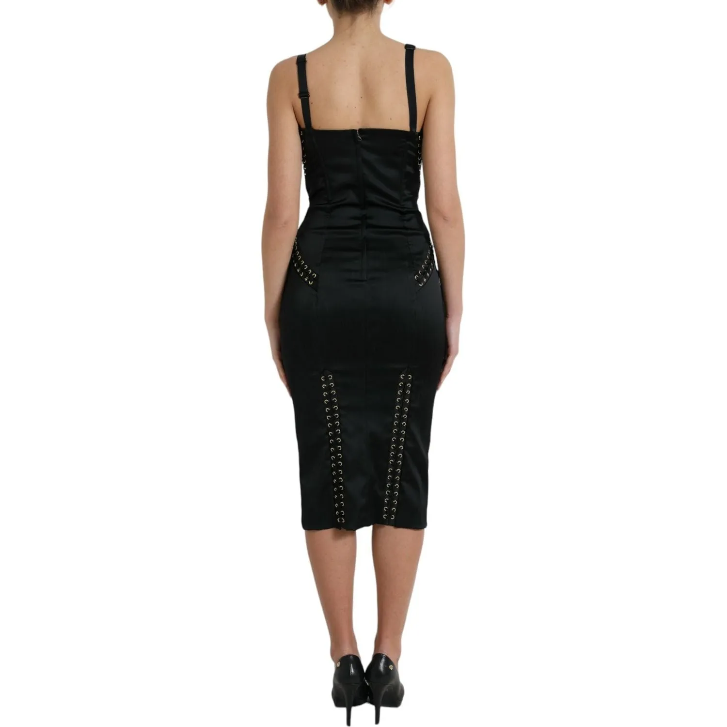 Dolce & Gabbana Elegant Black Lace-Up Midi Bodycon Dress