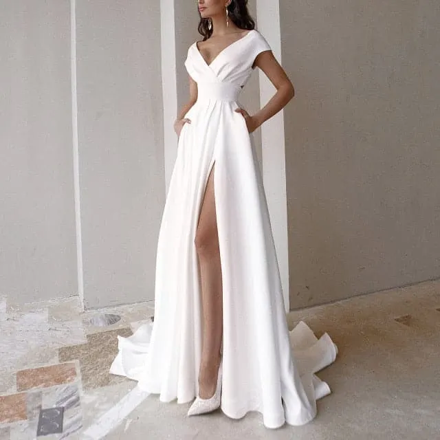 DressBetty - Fashion Elegant Short Sleeve Sweep Train Side Slit Bridal Gown