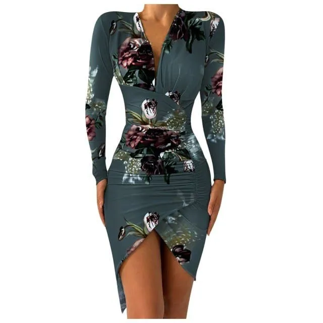 DressBetty - Flower Print Bodycon Dress Women Sexy Deep V-neck Sheath Long Sleeve Irregular Hem Party Banquet Dress Slim Bag Hip Dresses