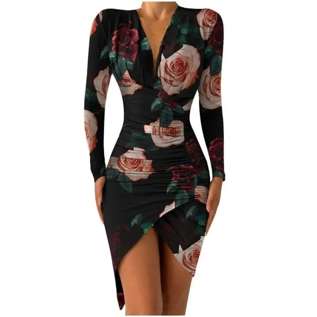 DressBetty - Flower Print Bodycon Dress Women Sexy Deep V-neck Sheath Long Sleeve Irregular Hem Party Banquet Dress Slim Bag Hip Dresses