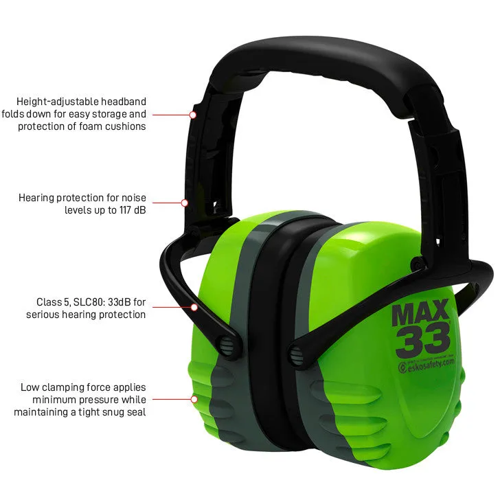 E-Max 33 Folding Premium Grade Ear Muffs, 33dB, Class 5