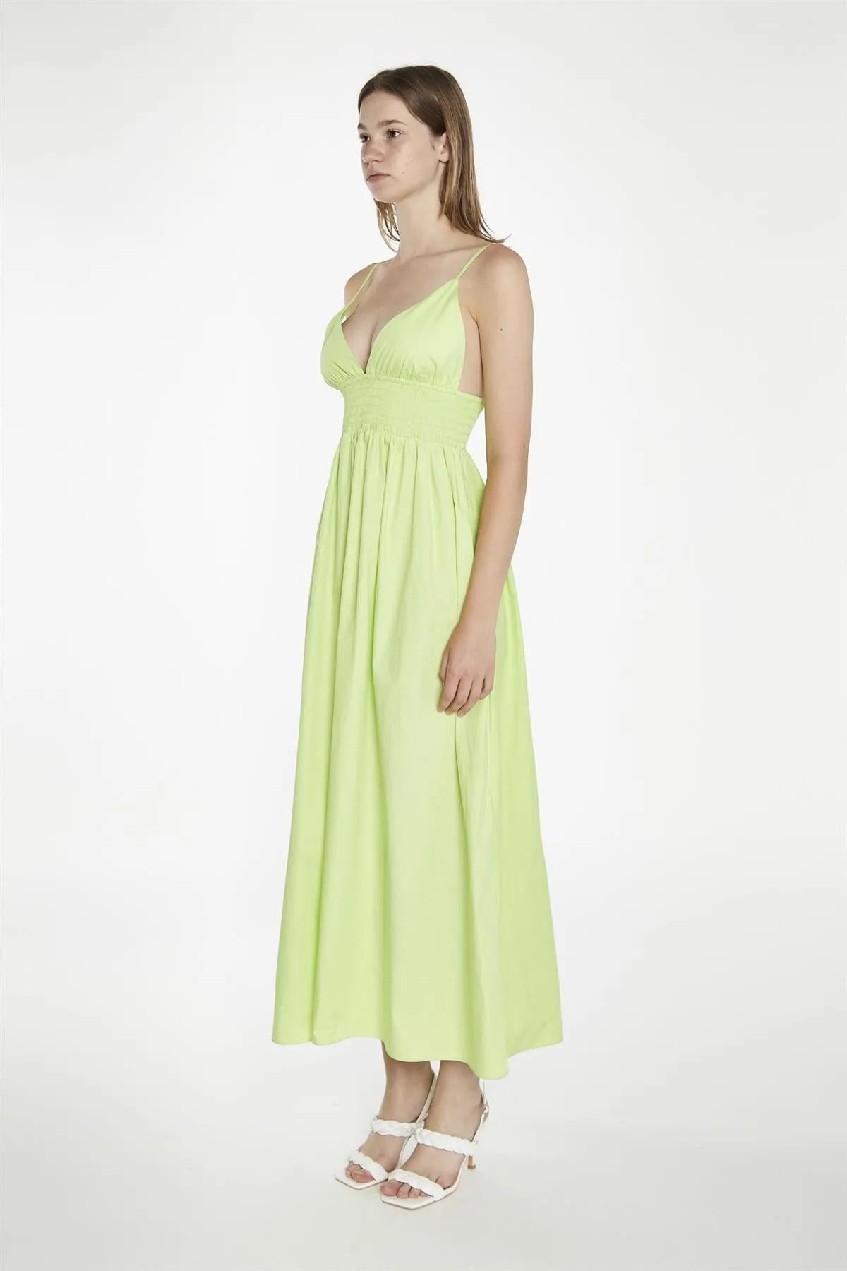 Electric-Lime Shirred Waist Maxi-Dress