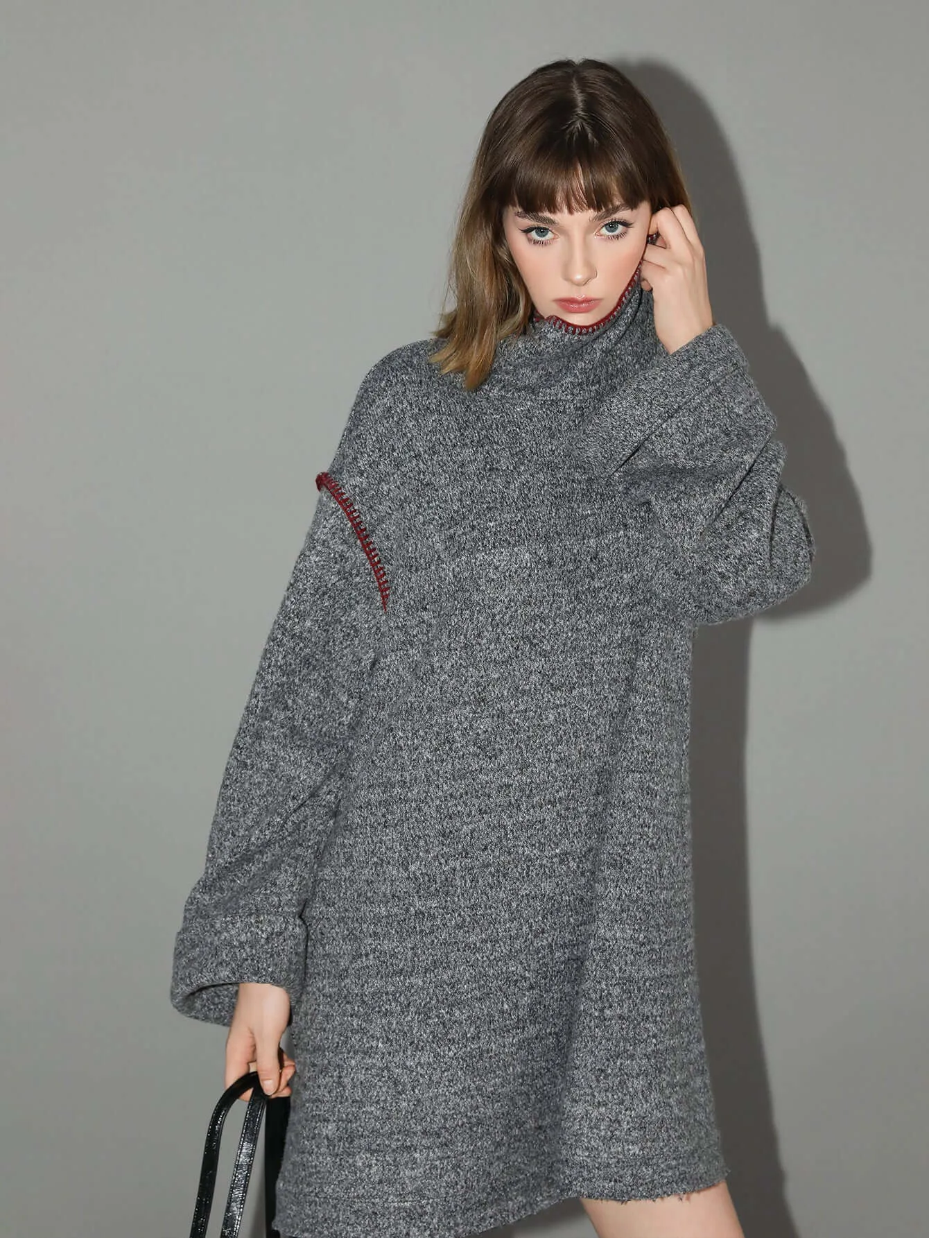 Elegant High-Neck Grey Knitted Dress