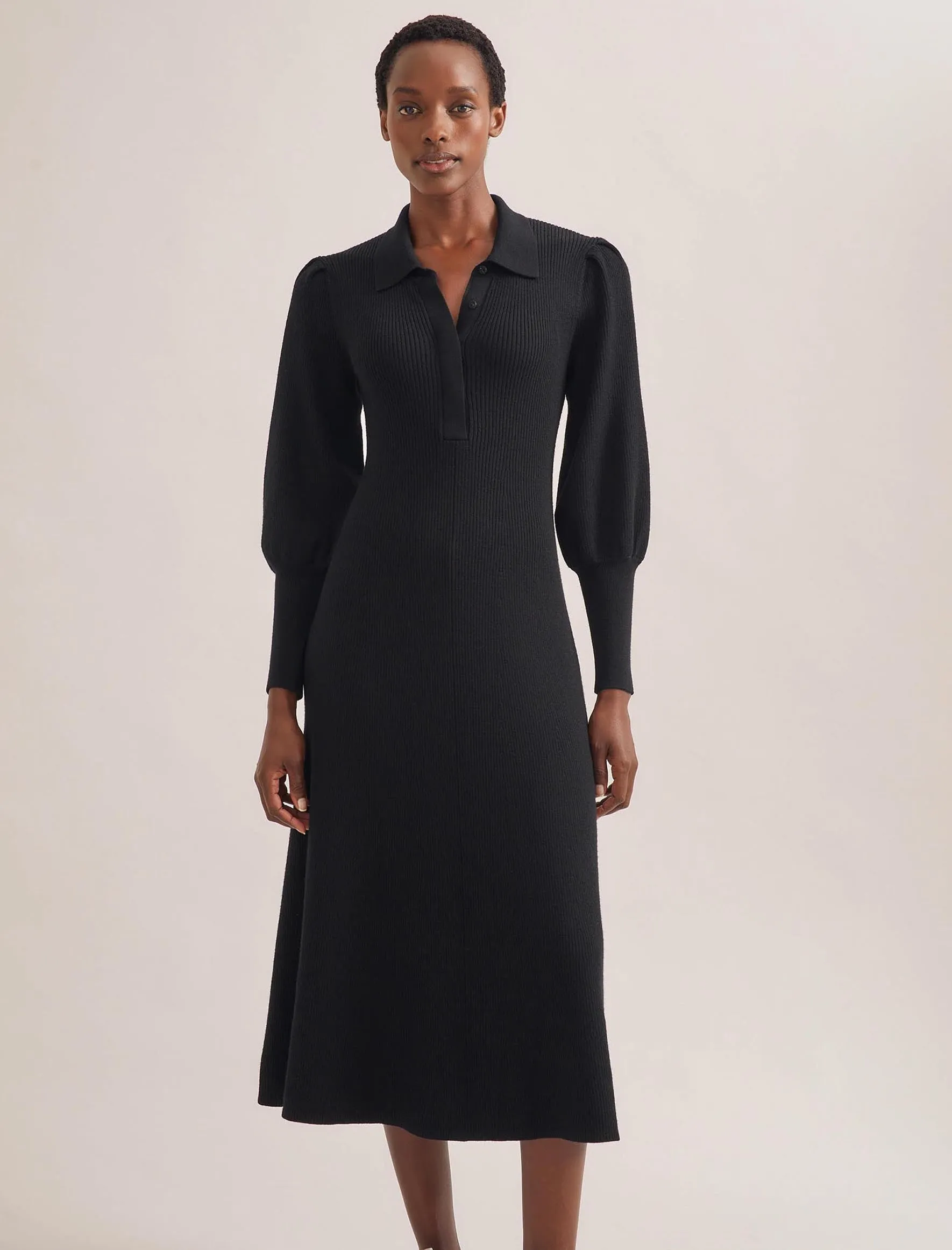 Eva Merino Wool Collared Knit Maxi Dress - Black